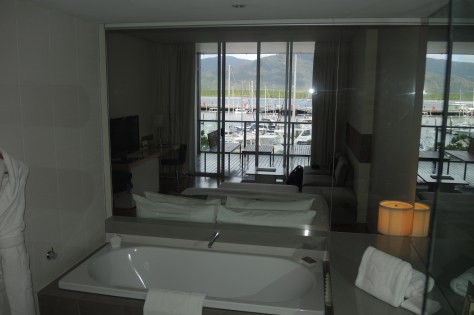 From the bathroom of our room in Cairns, you could see out through a glass wall between the bath and bed. When a screen was lowered in front of the glass, you could still see out but nobody could see in. Bath and view the marina at the same time!