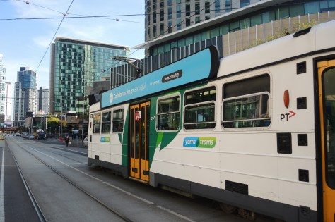 A tram passes our Melbourne hotel, cener-left at the nose of the tram.
