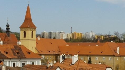 Old Town and distant new housing of Cesky Krumlov, CZ.