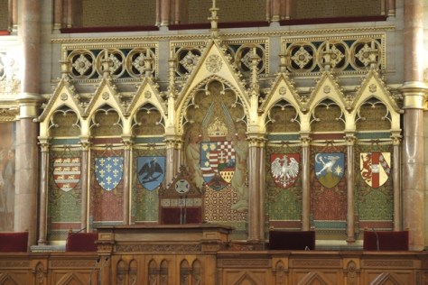 Symbols of Hungary front the meeting chambers